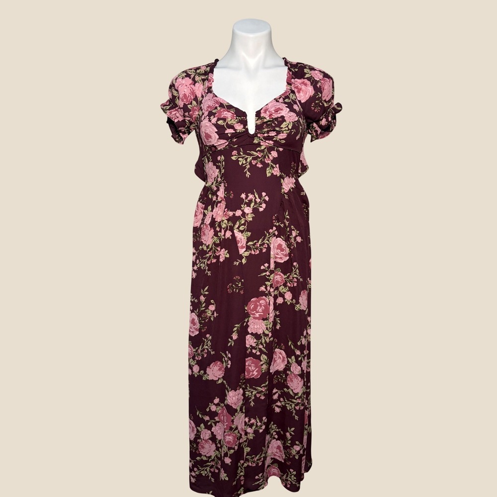 Y2K Crystal Sky Burgundy Floral Maxi Dress Open Back Puff Sleeve #14